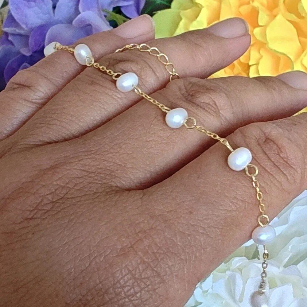 Bracelet Gold Freshwater Pearl Station Dainty Minimalist Adjustable